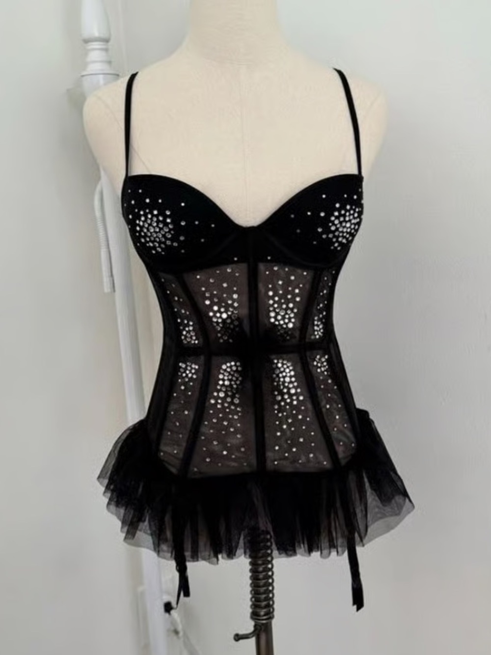 Victoria’s Secret Black Studded Bustier Corset Lingerie with Tulle Hem!